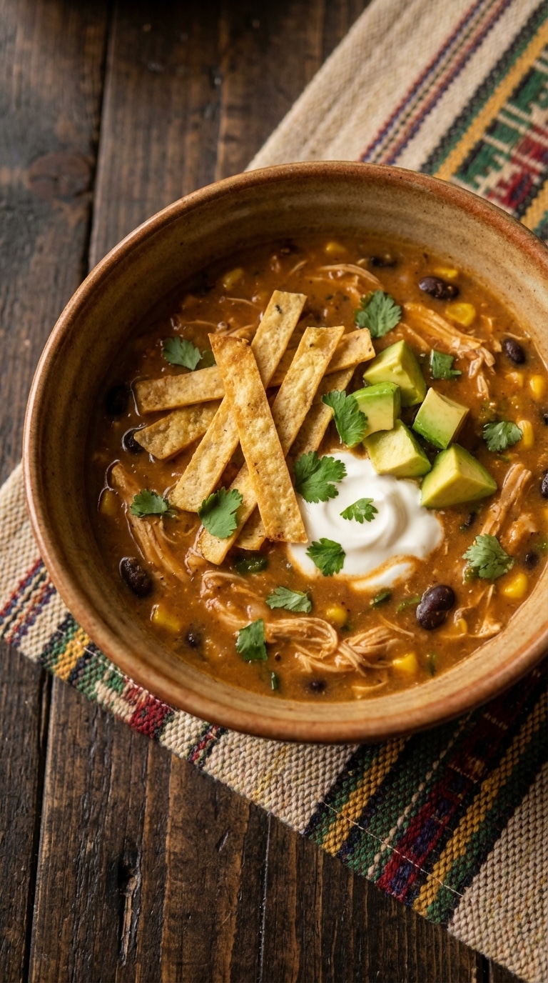 A close-up of a ceramic bowl filled with creamy orange enchilada soup, garnished with tortilla strips, avocado, sour cream, and cilantro.