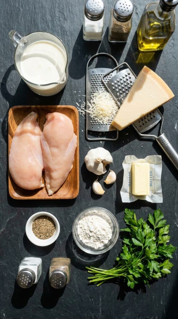 A flat lay showing raw chicken cutlets, heavy cream, a parmesan wedge, garlic, butter, and flour on a dark slate board.
