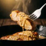 A dramatic close-up of a fork holding a piece of golden-brown chicken dripping heavily with a rich, glossy cream sauce against a dark background.