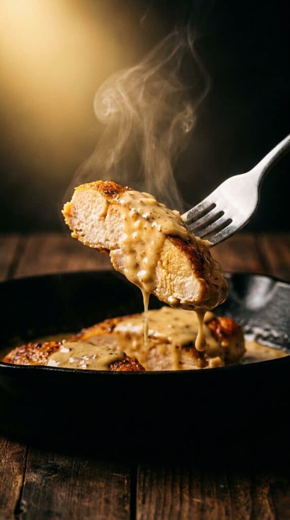A dramatic close-up of a fork holding a piece of golden-brown chicken dripping heavily with a rich, glossy cream sauce against a dark background.
