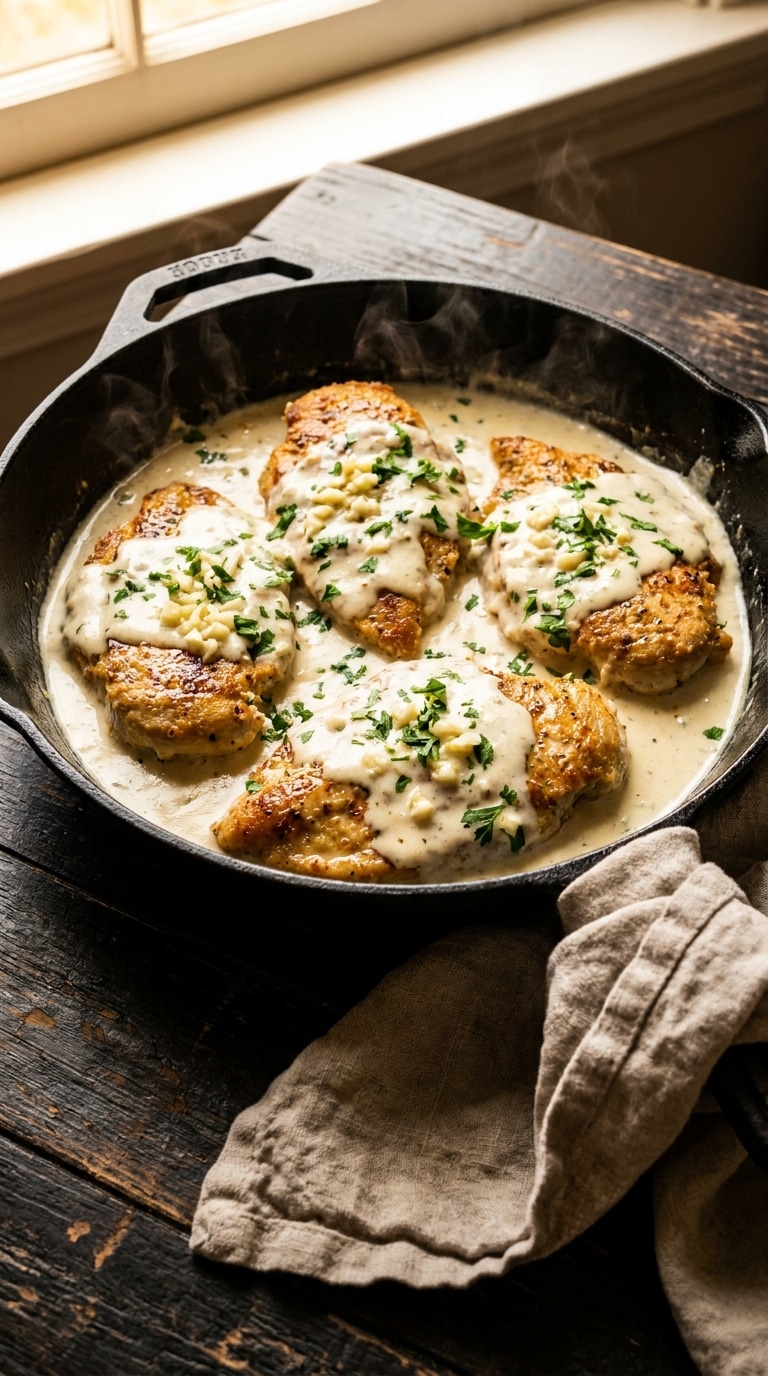 A close-up view of a cast iron skillet filled with golden pan-seared chicken breasts smothered in a rich, creamy garlic parmesan sauce.