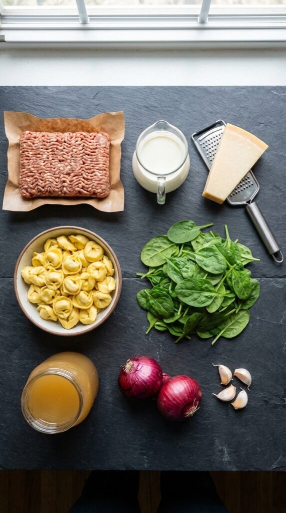 A flat lay showing ground sausage, heavy cream, a parmesan wedge, pasta, fresh spinach, broth, garlic, and onions on a dark slate board.