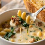 A close-up of a soup spoon holding a piece of pasta, sausage, and spinach coated in a creamy parmesan broth, with crusty bread in the background.