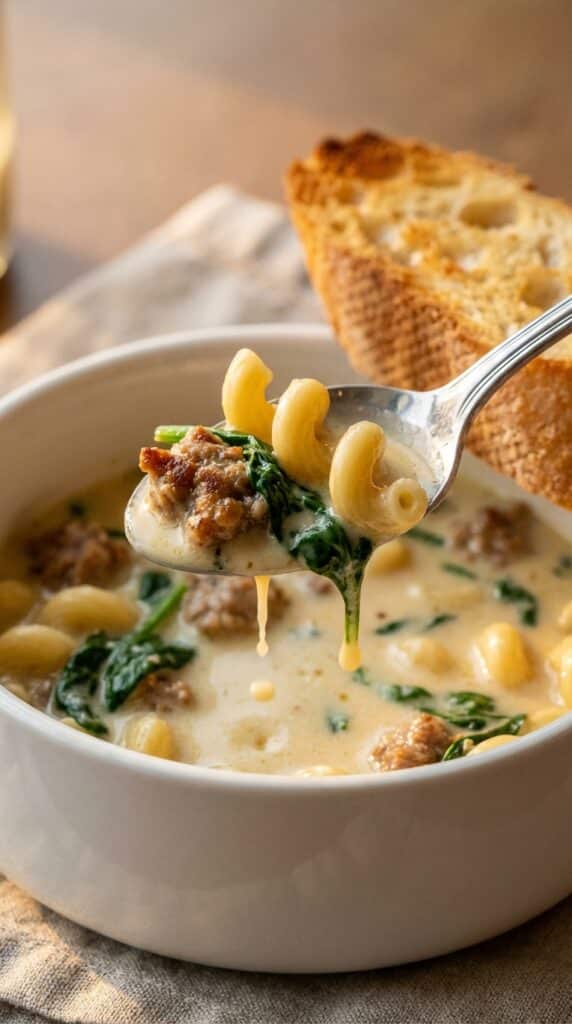 A close-up of a soup spoon holding a piece of pasta, sausage, and spinach coated in a creamy parmesan broth, with crusty bread in the background.