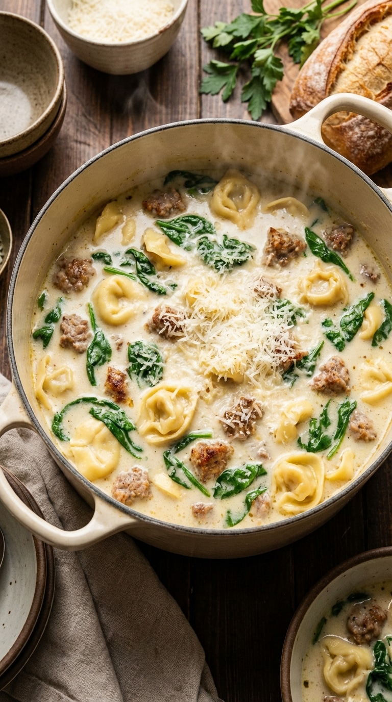 A top-down view of a Dutch oven filled with creamy white soup containing browned sausage, tortellini pasta, and green spinach, topped with parmesan cheese.