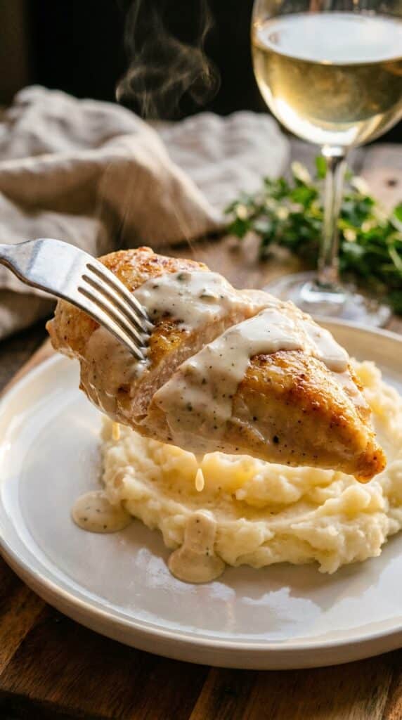 A close-up of a fork cutting through a tender, sauce-covered piece of creamy ranch chicken served over fluffy mashed potatoes.