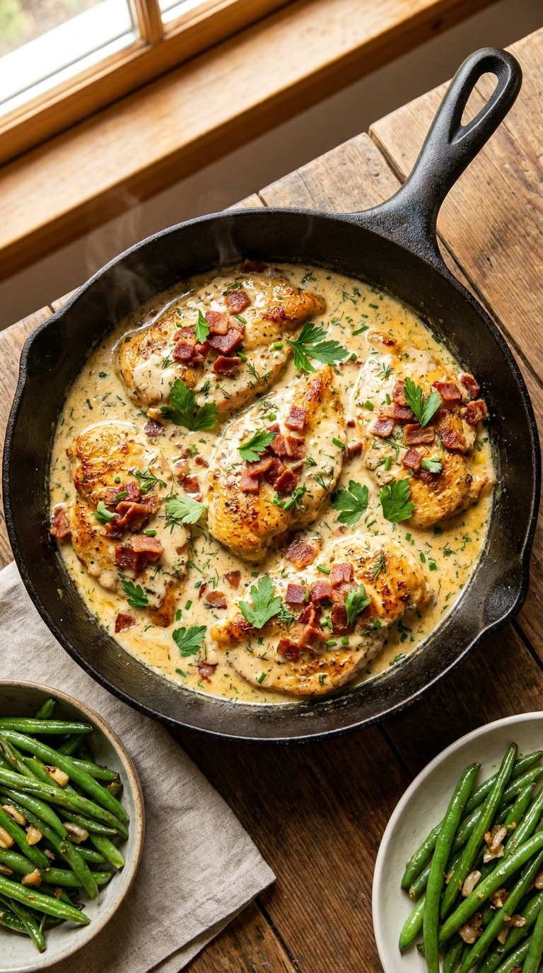 A top-down view of a cast iron skillet filled with golden seared chicken breasts smothered in a creamy, herb-flecked ranch sauce and topped with bacon.