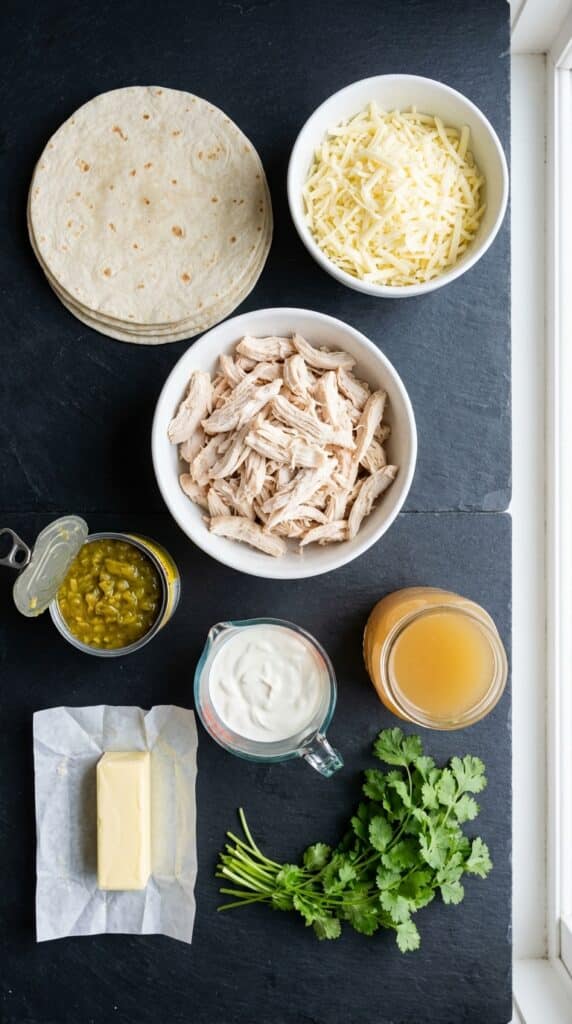 A flat lay showing shredded chicken, flour tortillas, Monterey Jack cheese, green chiles, sour cream, chicken broth, and cilantro on a dark board.