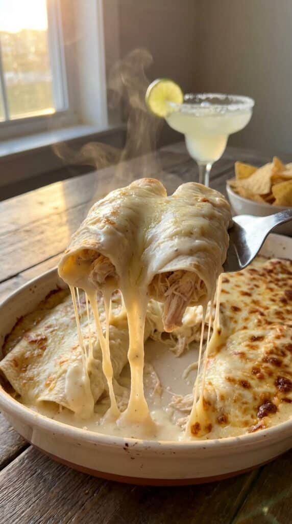 A close-up of a spatula lifting a creamy white chicken enchilada from a baking dish, creating a gooey cheese pull.