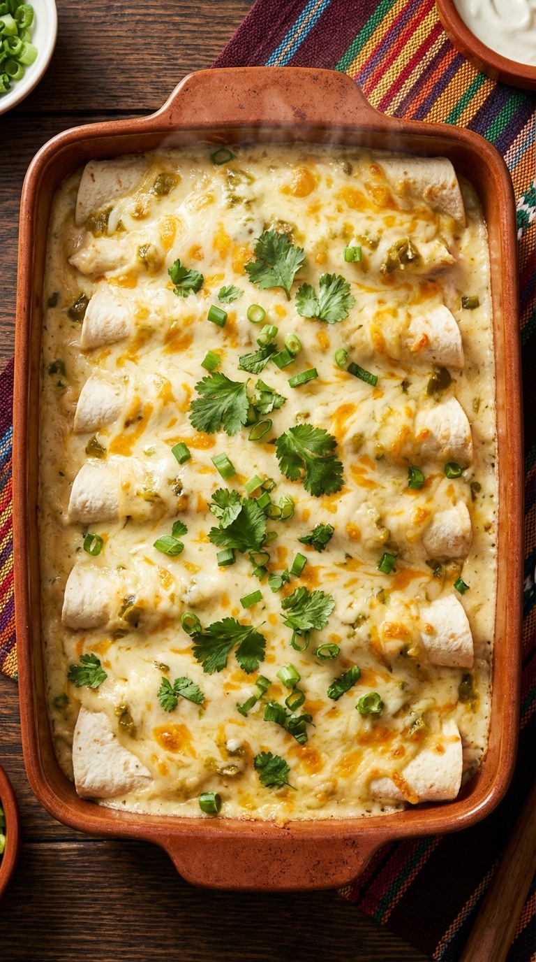 A top-down view of a baking dish filled with chicken enchiladas smothered in a creamy white sauce and melted cheese, garnished with fresh cilantro.