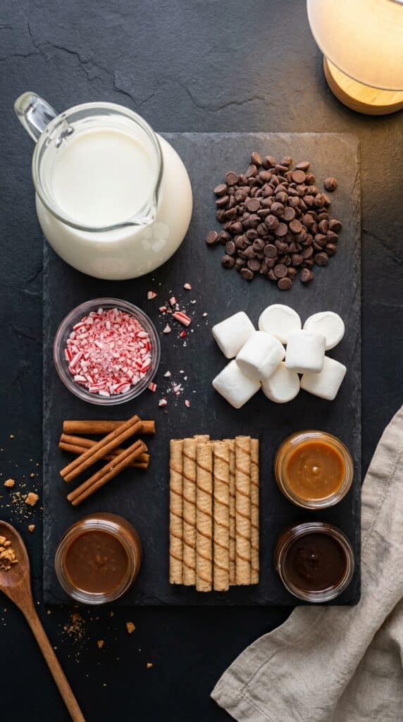 A flat lay showing whole milk, chocolate chips, marshmallows, crushed peppermints, cinnamon sticks, and caramel sauce on a dark slate board.