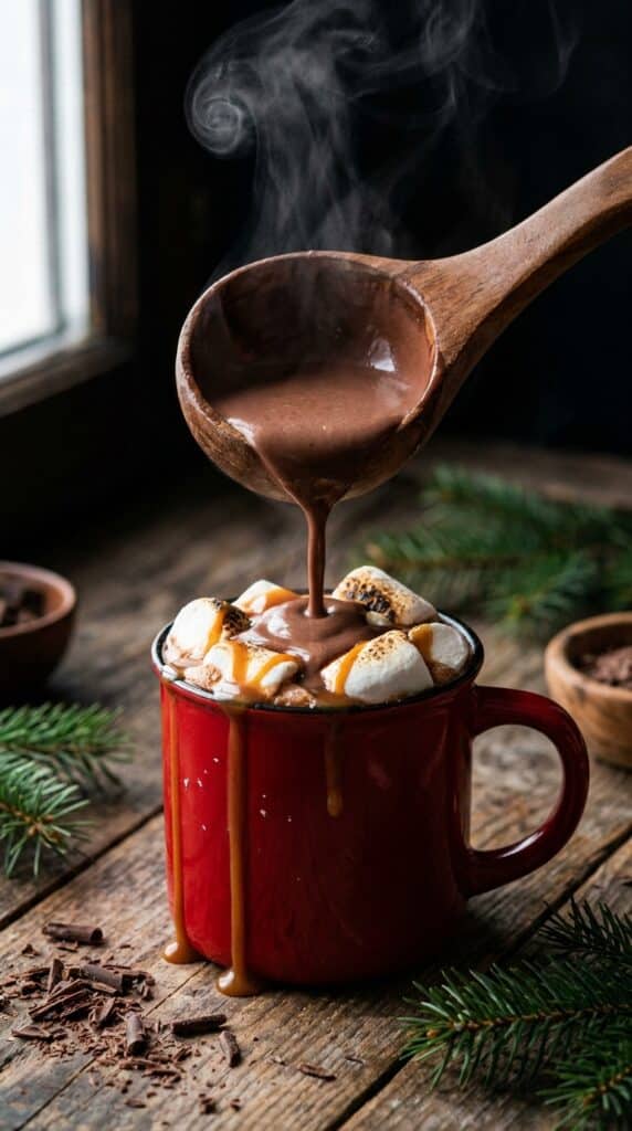 A close-up of dark, rich hot chocolate being poured into a red mug overflowing with marshmallows and drizzled with caramel.