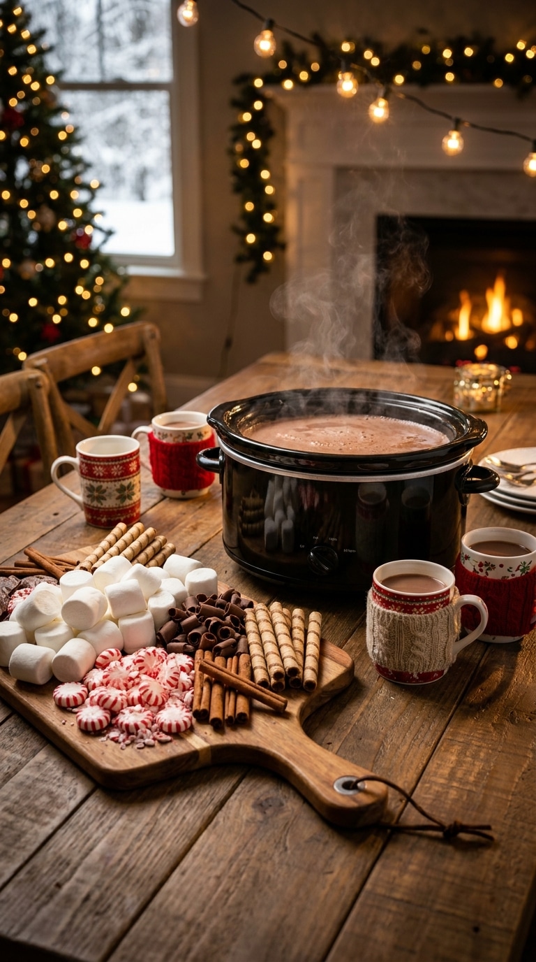 A festive wooden table set up with a slow cooker of hot chocolate surrounded by a large board overflowing with marshmallows, peppermints, and cookies.