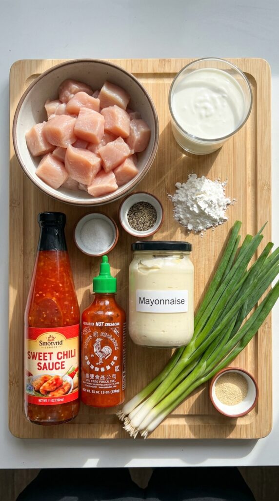 A flat lay showing cubed chicken, buttermilk, cornstarch, mayonnaise, sweet chili sauce, sriracha, and scallions on a wooden board.