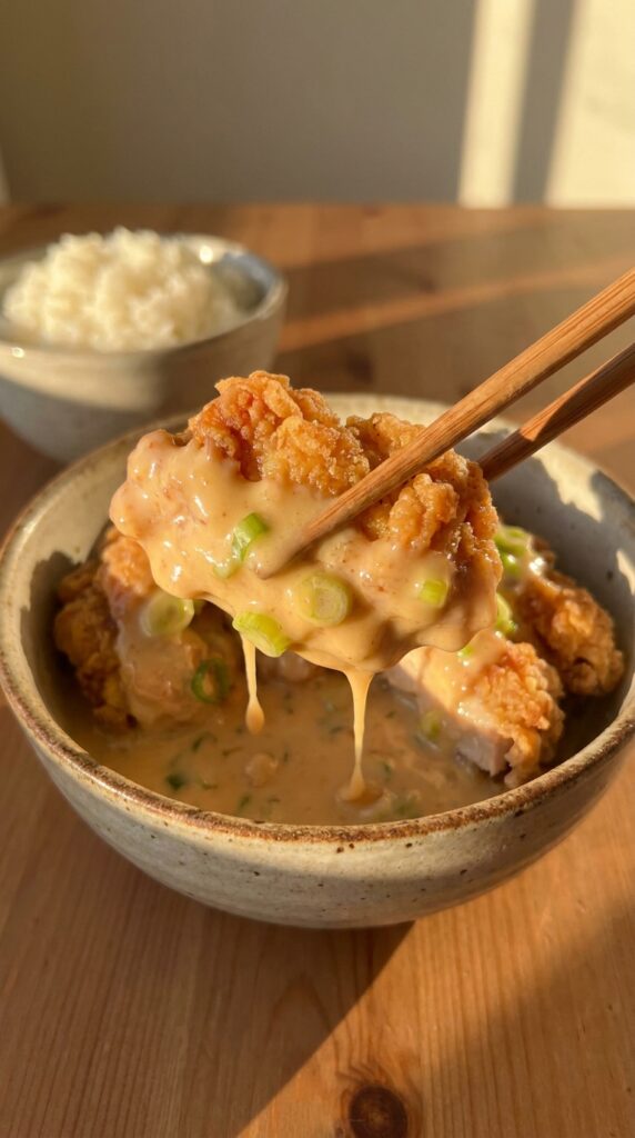 A close-up of wooden chopsticks holding a piece of crispy fried chicken coated in creamy orange sauce, with white rice in the background.