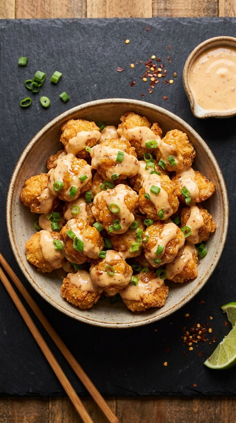 A close-up of a ceramic bowl filled with crispy fried chicken chunks tossed in a creamy orange sauce and topped with green onions.