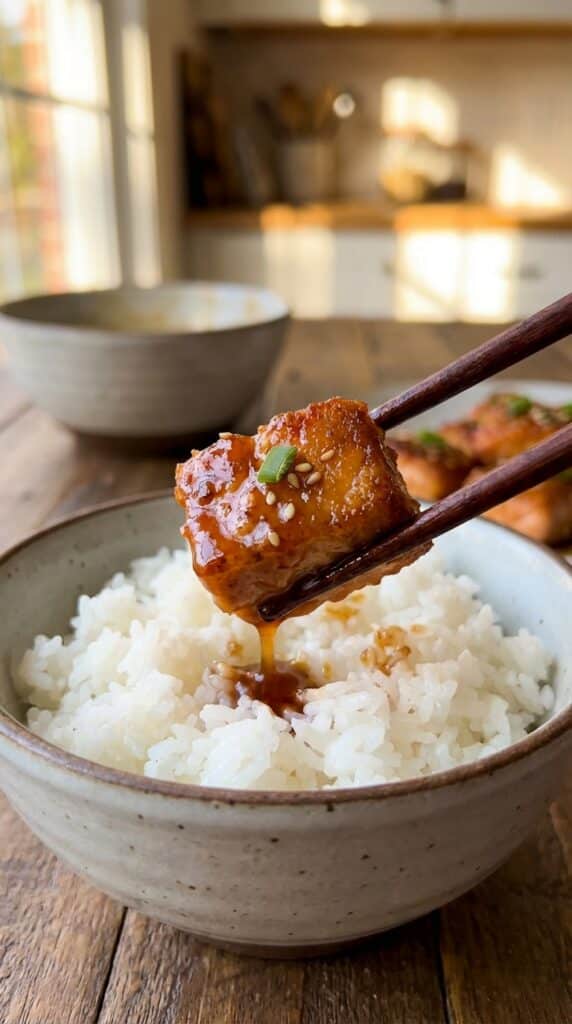 A close-up of wooden chopsticks holding a crispy salmon bite dripping with a glossy honey garlic glaze over a bowl of rice.