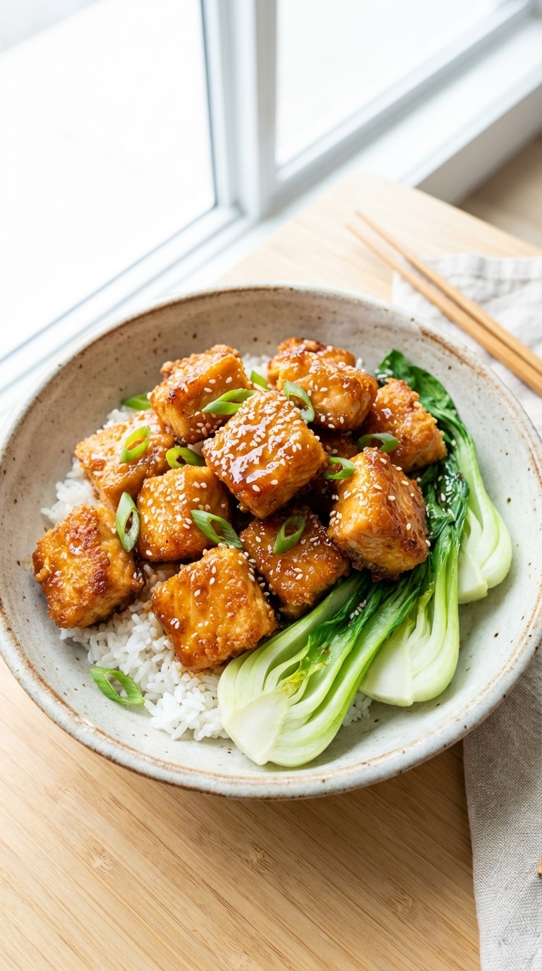 A ceramic bowl filled with crispy salmon cubes coated in a glossy honey garlic glaze, served over white rice with green onions and sesame seeds.