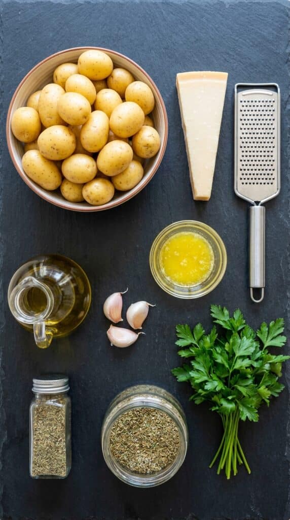 A flat lay showing baby potatoes, a wedge of Parmesan cheese, melted butter, olive oil, garlic, and fresh herbs on a dark slate board.