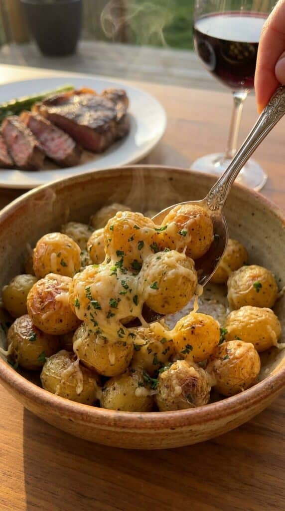A close-up of a serving spoon lifting buttery, Parmesan-coated baby potatoes from a bowl, with steak in the background.
