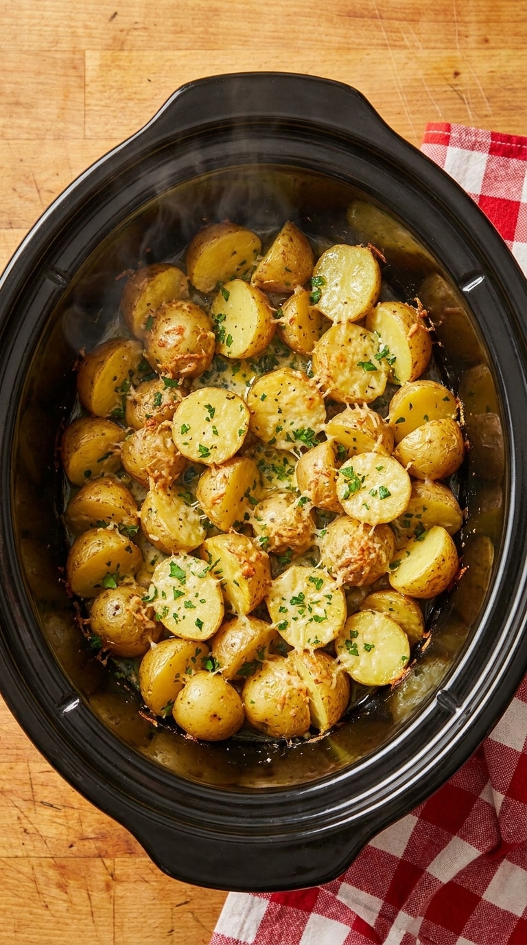 A top-down view of a black slow cooker filled with buttery, tender baby potatoes coated in Parmesan cheese and fresh parsley.