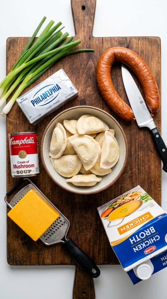 A flat lay showing frozen pierogies, a ring of kielbasa sausage, cream cheese, cheddar cheese, cream soup, and green onions on a wooden board.