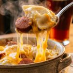 A close-up of a serving spoon lifting a pillowy pierogi and a slice of kielbasa dripping with gooey melted cheese from a rustic bowl.