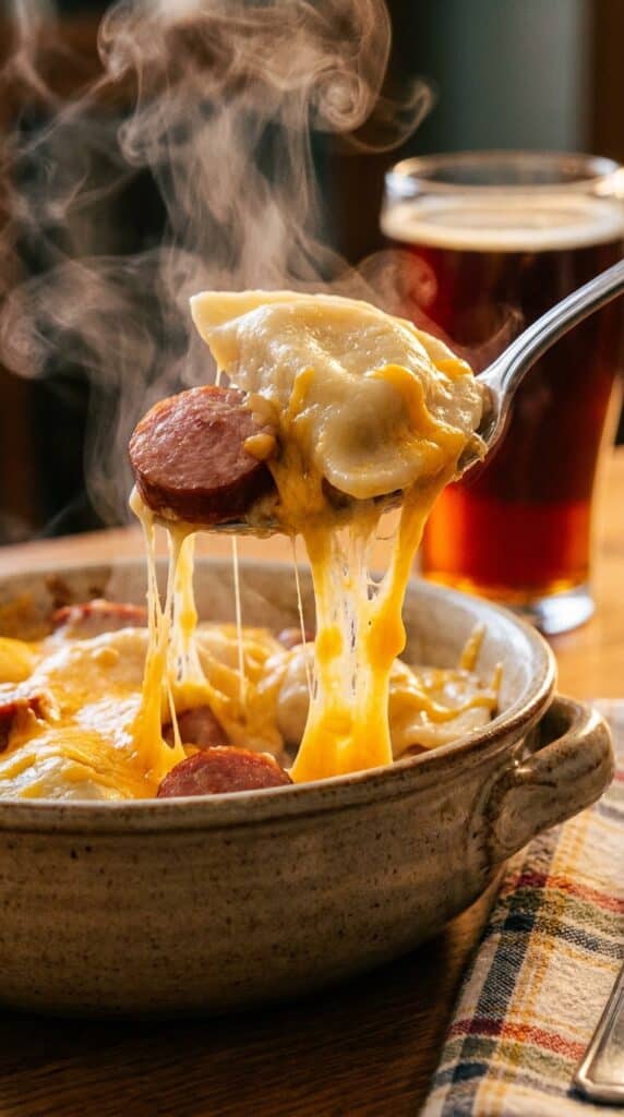 A close-up of a serving spoon lifting a pillowy pierogi and a slice of kielbasa dripping with gooey melted cheese from a rustic bowl.