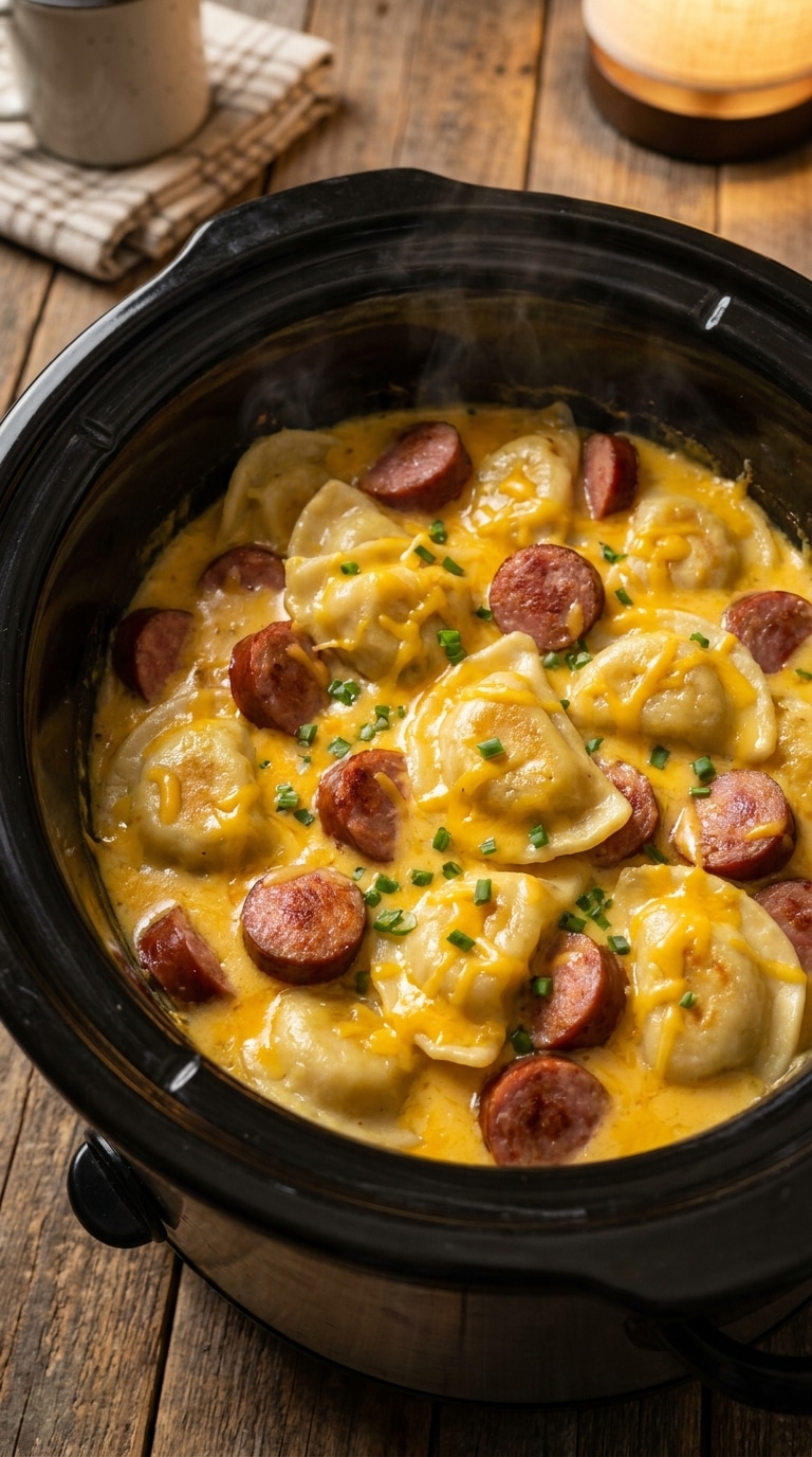 A top-down view of a slow cooker filled with plump pierogies, sliced kielbasa sausage, and melted cheddar cheese sauce topped with green onions.