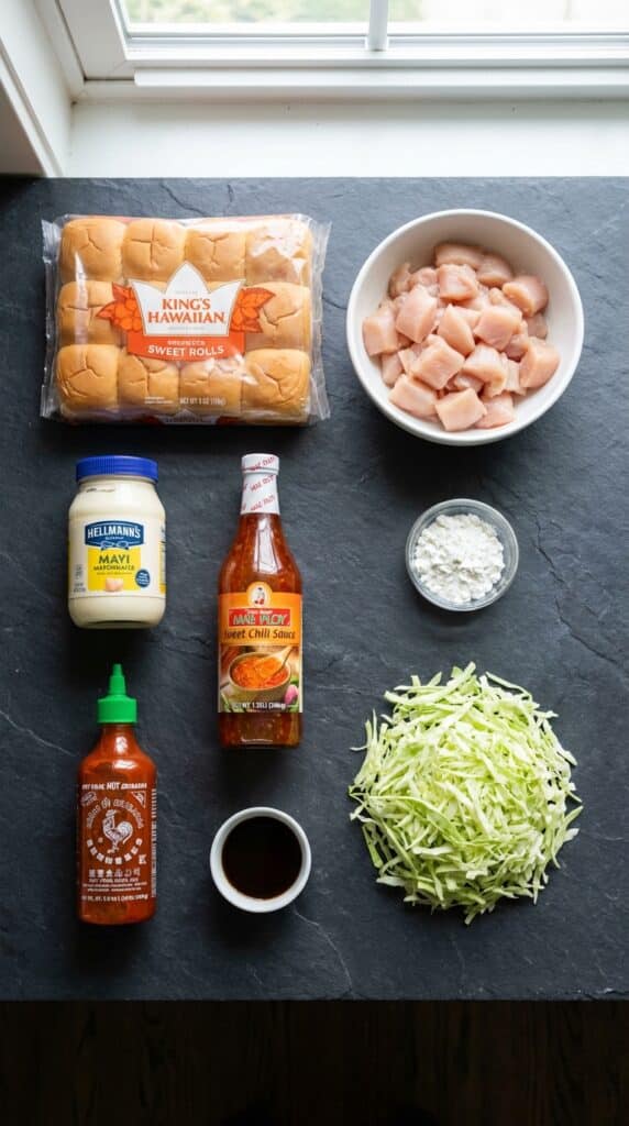 A flat lay showing Hawaiian rolls, raw chicken pieces, mayonnaise, sweet chili sauce, sriracha, cornstarch, and shredded cabbage on a dark board.