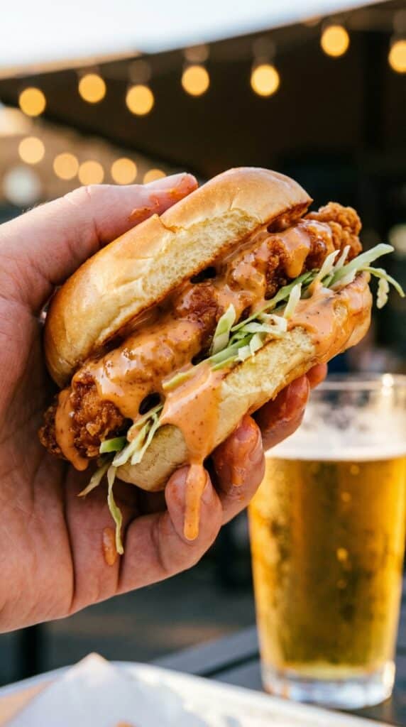 A close-up of a hand holding a messy chicken slider dripping with creamy, spicy orange sauce, with a beer in the blurred background.A close-up of a hand holding a messy chicken slider dripping with creamy, spicy orange sauce, with a beer in the blurred background.