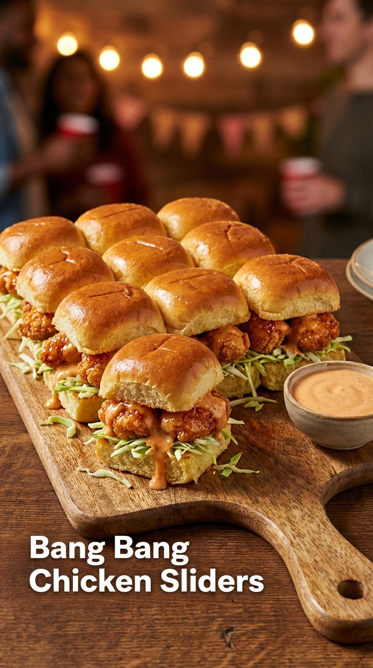 A wooden board filled with chicken sliders coated in a creamy, spicy orange sauce, served on sweet buns with shredded cabbage.