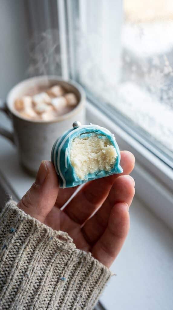 A close-up of a hand holding a blue frosted truffle with a bite taken out, revealing a dense white vanilla cake center.