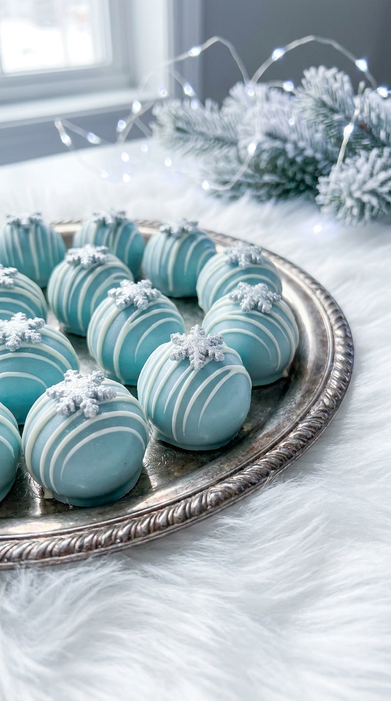 A close-up of vibrant blue truffles decorated with white chocolate drizzle and silver snowflakes on a silver tray with fairy lights in the background.