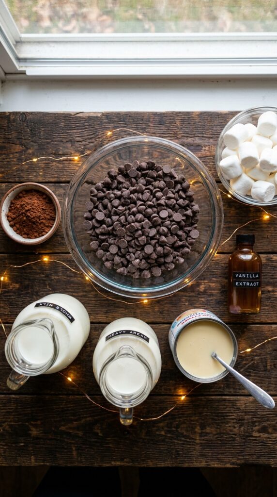 A flat lay showing hot cocoa mix packets, cocoa powder, marshmallows, chocolate chips, butter, sugar, and flour on a dark marble board.
