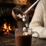 A dramatic close-up of hands breaking a dark chocolate cookie in half, creating a massive, sticky, gooey marshmallow pull against a dark background.
