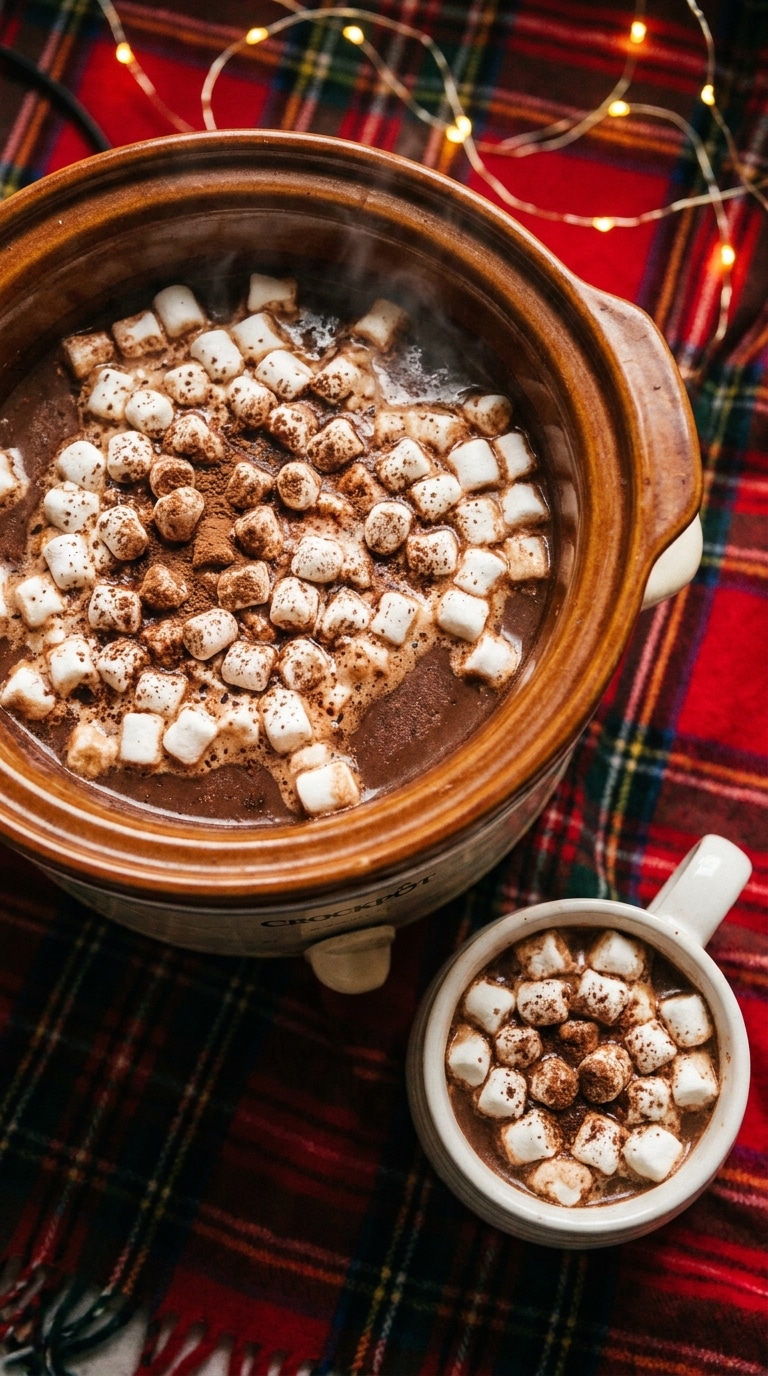A stack of thick, dark chocolate cookies topped with puffed, toasted marshmallows on a rustic board with a mug of hot cocoa in the background.