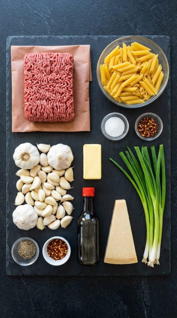 A flat lay showing raw ground beef, dry penne pasta, fresh garlic, butter, soy sauce, parmesan, and green onions on a slate board.