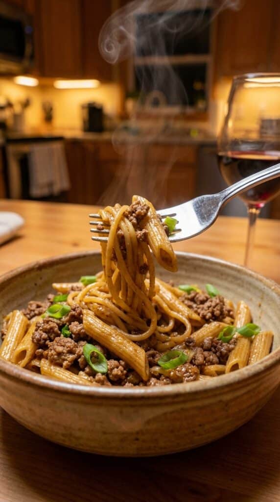 A close-up of a fork holding a bite of glossy beef pasta garnished with fresh green onions, with a glass of wine in the background.