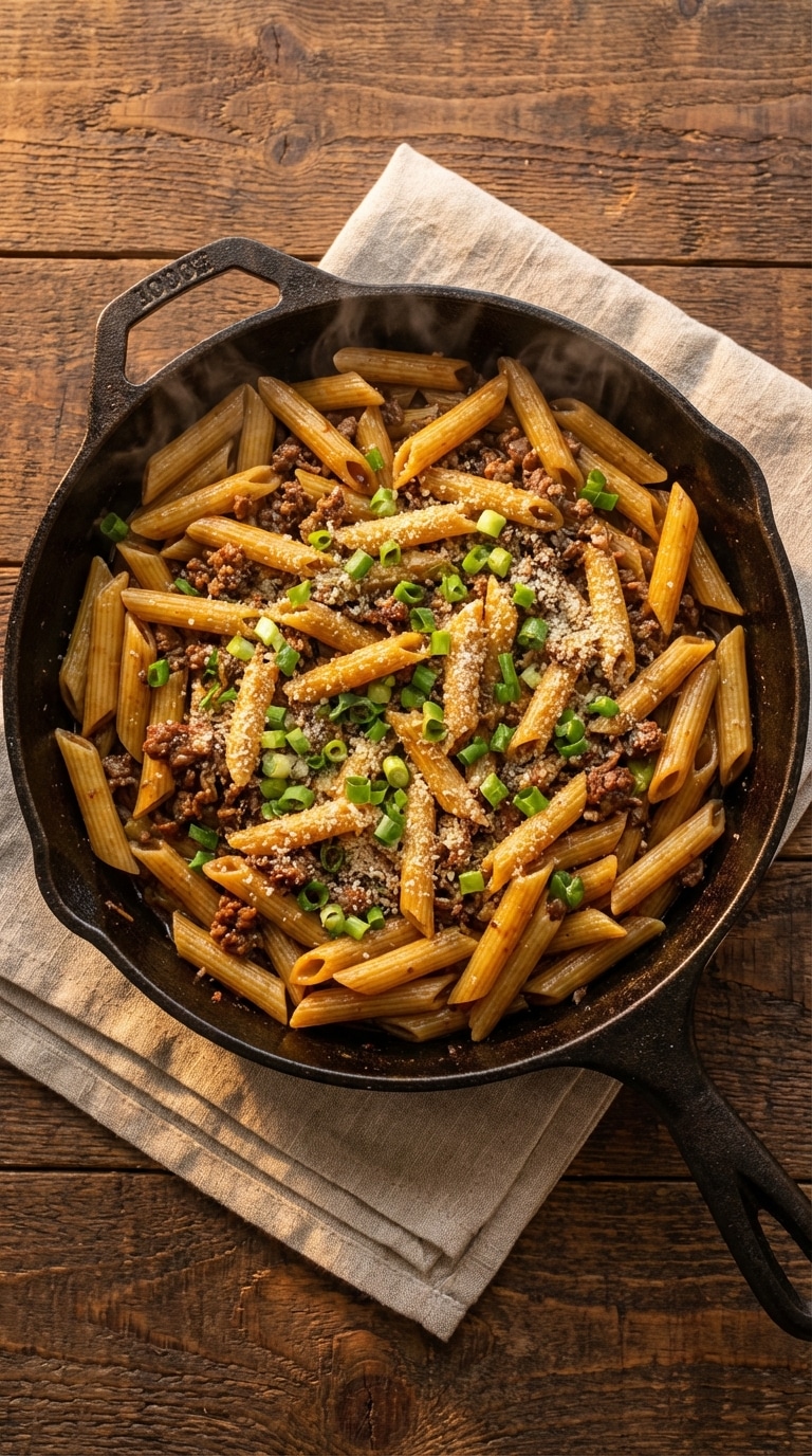 A top-down view of a cast iron skillet filled with glossy penne pasta, browned ground beef, and a fresh green onion garnish in a buttery garlic sauce.