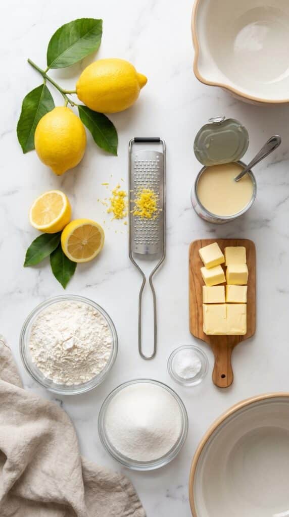 A flat lay showing fresh lemons, a zester, sweetened condensed milk, cubed butter, flour, and sugar on a white marble board.