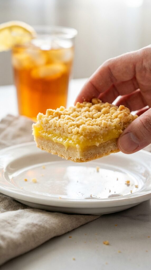 A close-up of a hand holding a lemon crumb bar, showing the layers of shortbread crust, yellow lemon filling, and golden crumble.