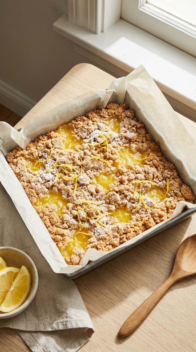 A parchment-lined square pan filled with baked lemon bars topped with a golden crumble and powdered sugar.
