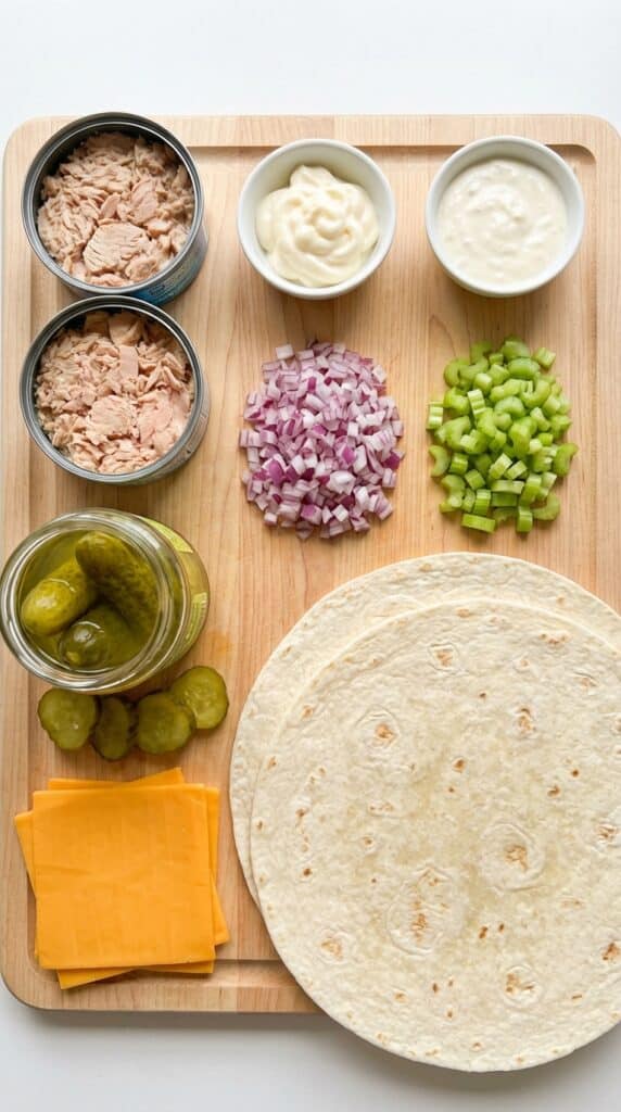 A flat lay showing canned tuna, mayo, diced celery, red onion, dill pickles, cheddar cheese slices, and tortillas on a wooden board.