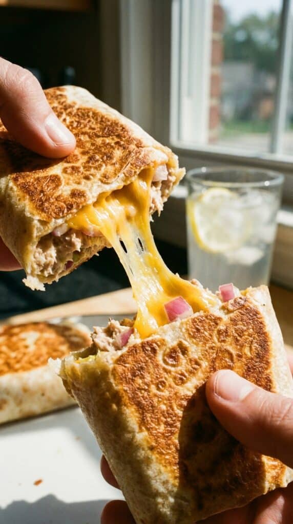 A close-up of hands pulling apart a toasted tuna wrap, revealing a gooey melted cheddar cheese pull.