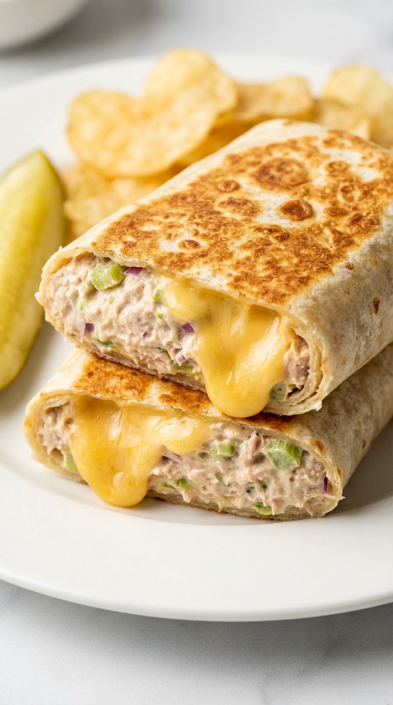 A toasted tortilla wrap cut in half, showing creamy tuna salad and melted cheddar cheese inside, served with a pickle.