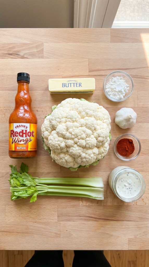 A flat lay showing a head of cauliflower, buffalo sauce, butter, cornstarch, celery, spices, and blue cheese dressing on a wooden board.