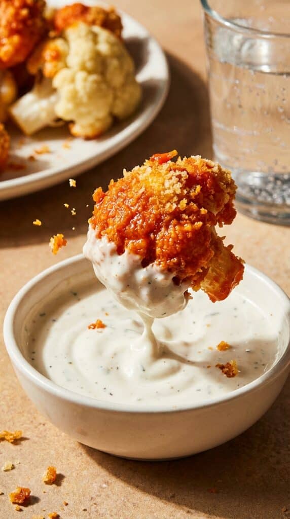 A close-up of a crispy orange buffalo cauliflower bite being dipped into a bowl of creamy ranch dressing.