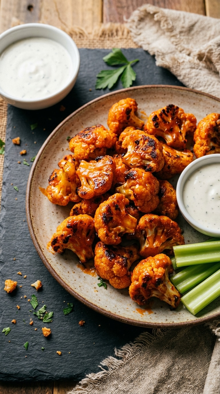 A plate of spicy orange buffalo cauliflower bites served with celery sticks and a bowl of ranch dressing on a dark slate surface.
