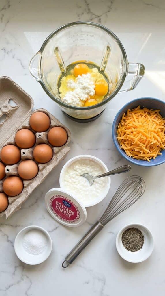 A flat lay showing a blender with eggs and cottage cheese, next to extra eggs, shredded cheese, and spices on a marble board.